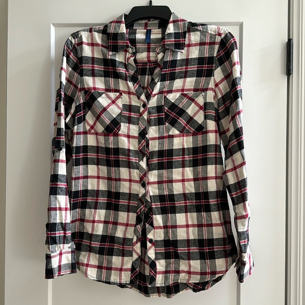 Falls Creek women’s button down plaid shirt, red, black, and white
